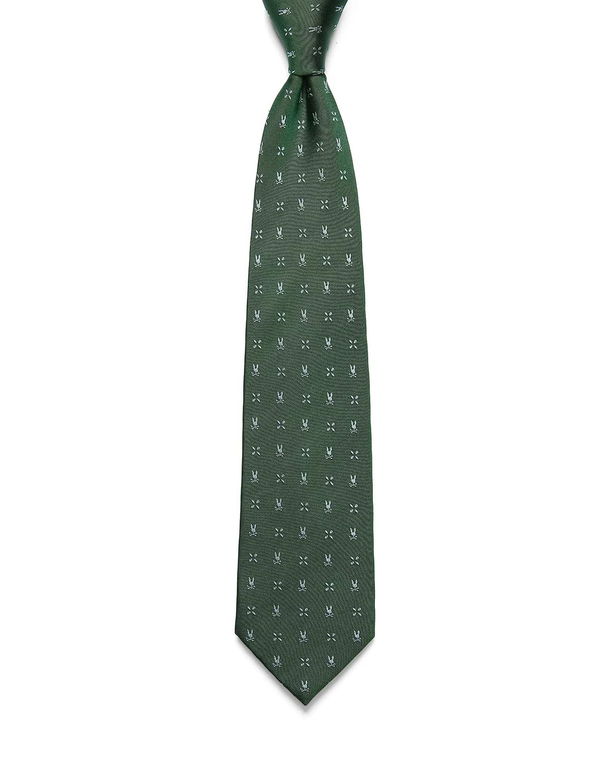 Mens Bunny Neat Woven Tie, a dark green woven tie with a subtle diagonal texture, featuring an all-over pattern of small white Psycho Bunny skull logos.