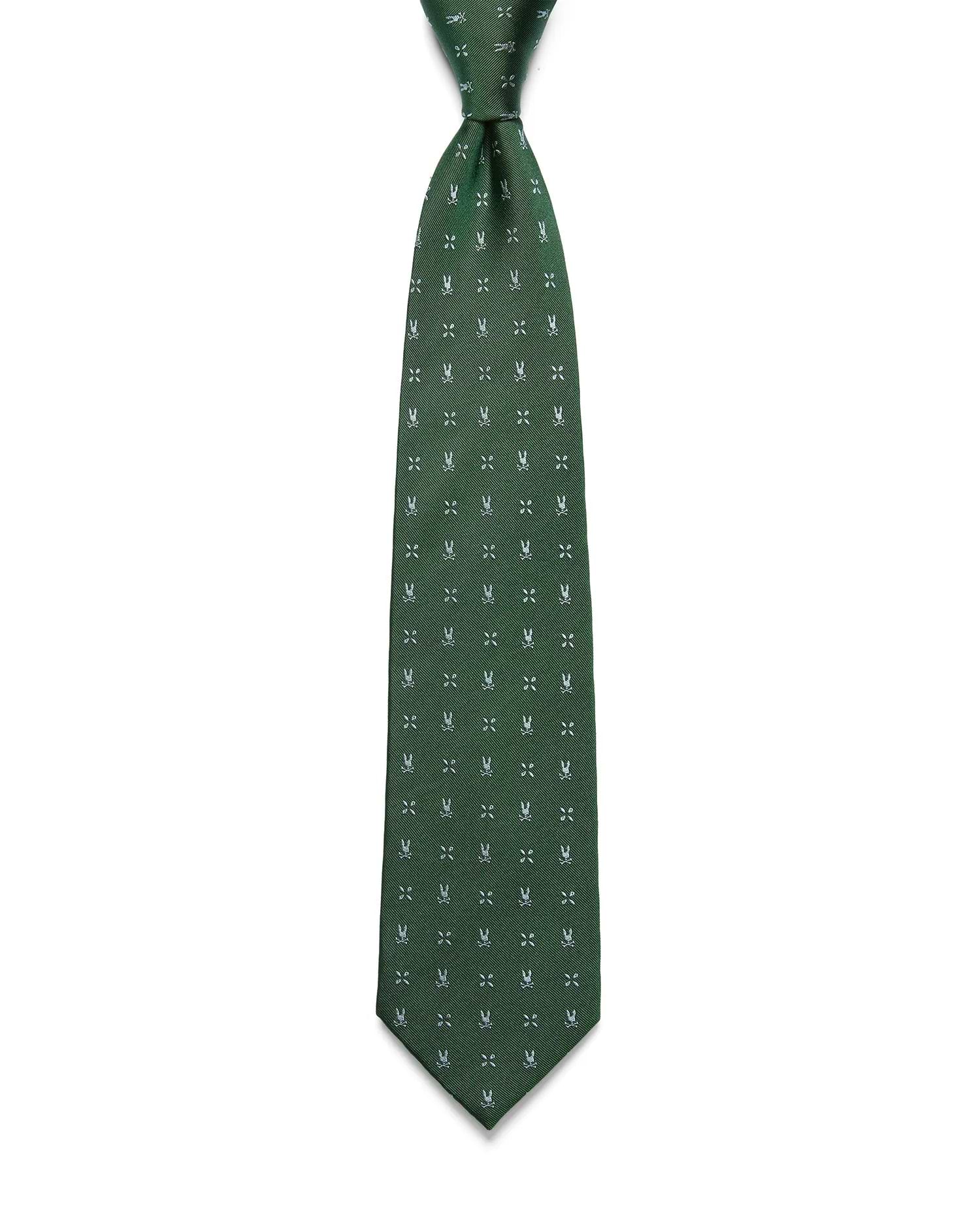 Mens Bunny Neat Woven Tie, a dark green woven tie with a subtle diagonal texture, featuring an all-over pattern of small white Psycho Bunny skull logos.