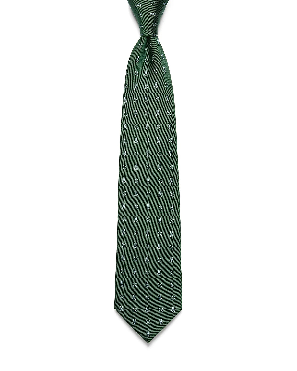Mens Bunny Neat Woven Tie, a dark green woven tie with a subtle diagonal texture, featuring an all-over pattern of small white Psycho Bunny skull logos.