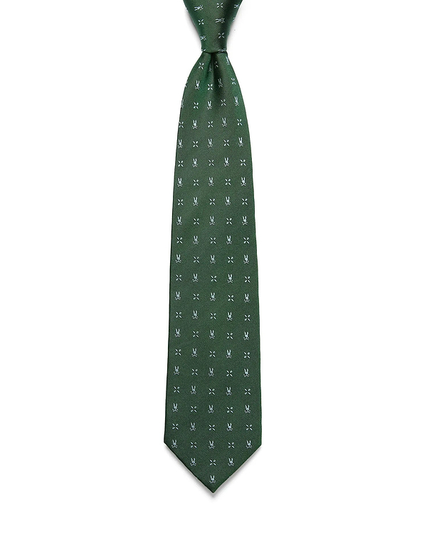 Mens Bunny Neat Woven Tie, a dark green woven tie with a subtle diagonal texture, featuring an all-over pattern of small white Psycho Bunny skull logos.