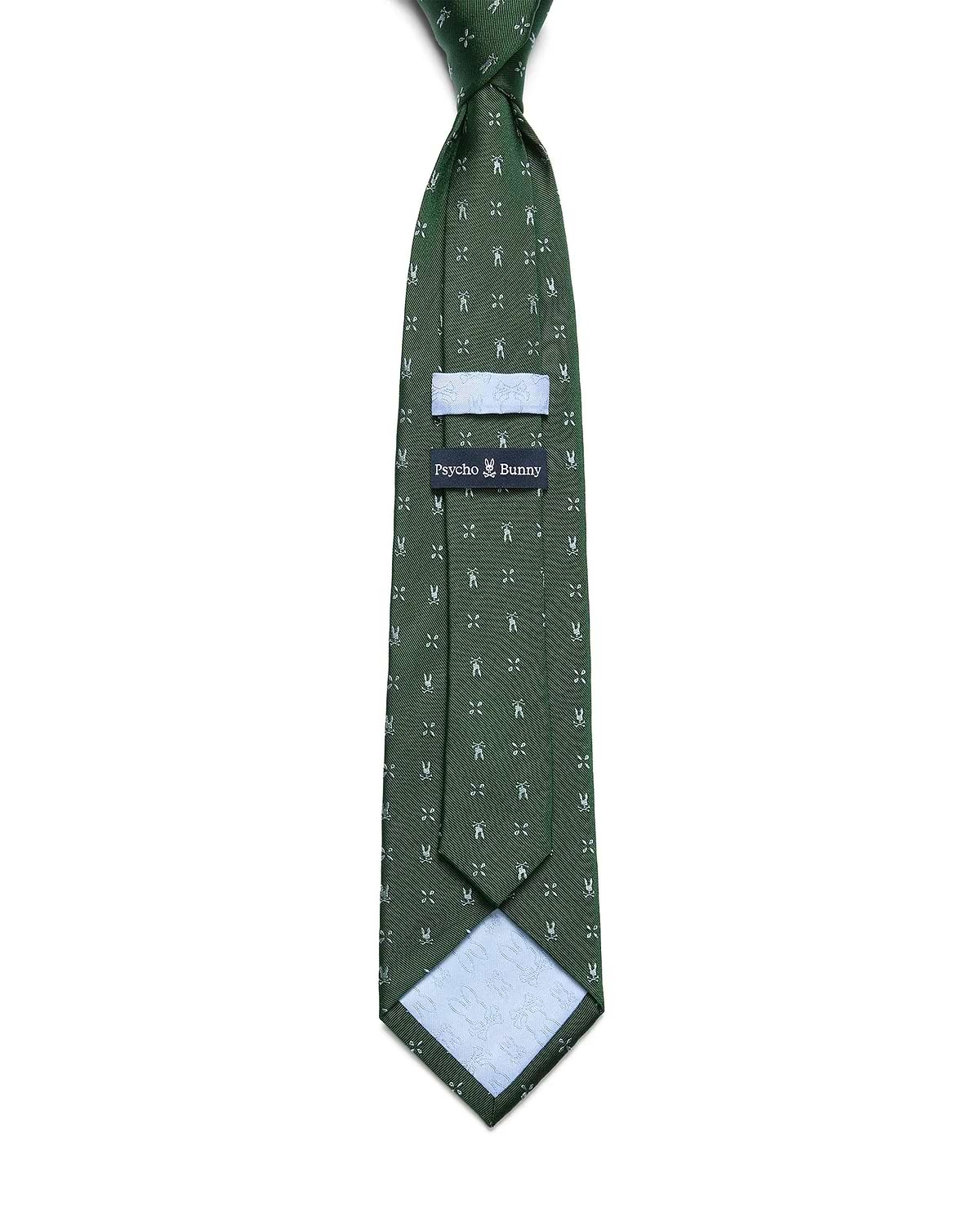 Mens Bunny Neat Woven Tie, a dark green woven tie featuring an all-over white Psycho Bunny skull and crossbones pattern, with a light blue keeper loop and patterned lining.