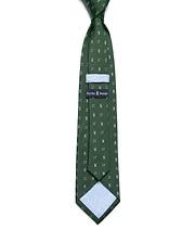 Mens Bunny Neat Woven Tie, a dark green woven tie featuring an all-over white Psycho Bunny skull and crossbones pattern, with a light blue keeper loop and patterned lining.