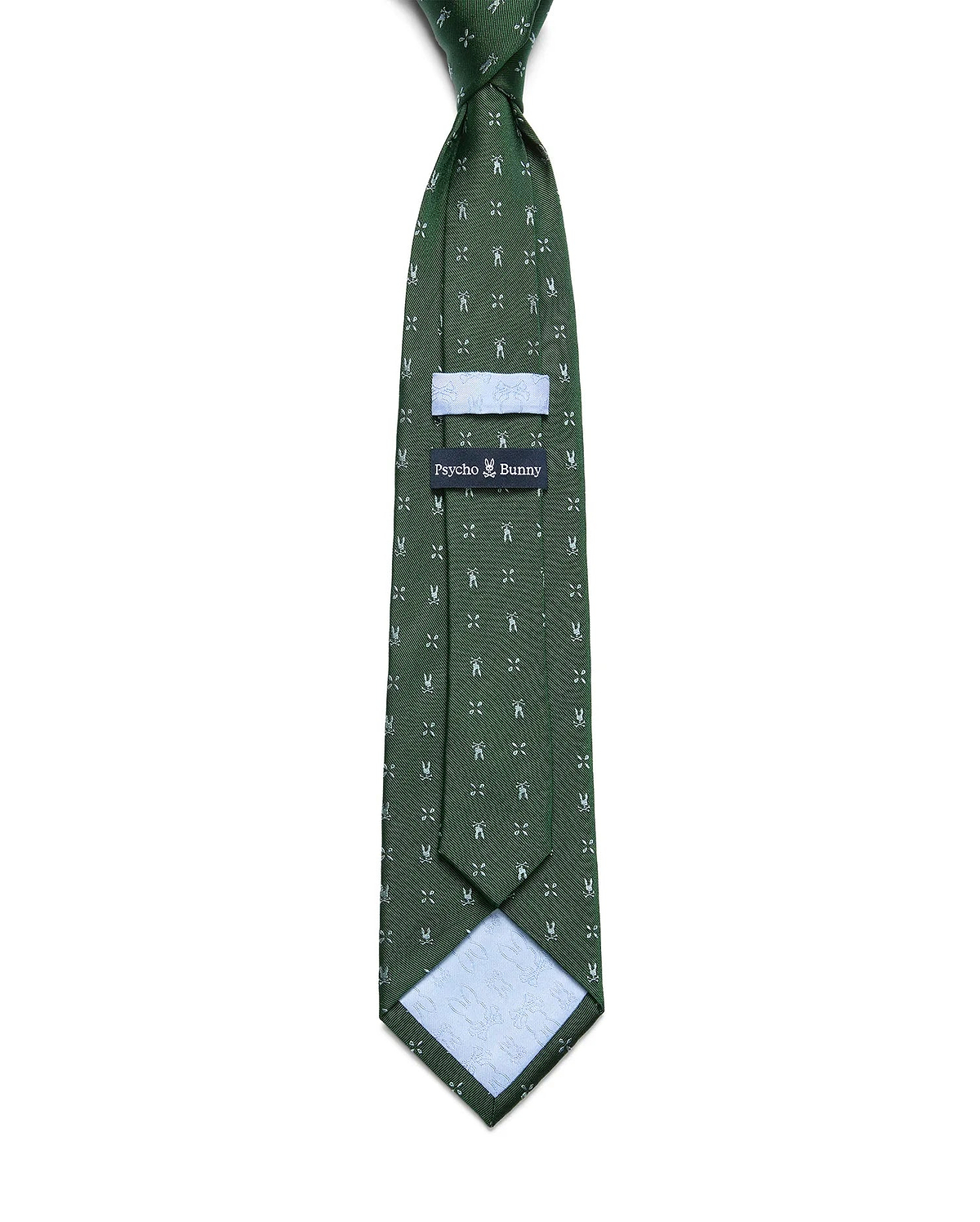 Mens Bunny Neat Woven Tie, a dark green woven tie featuring an all-over white Psycho Bunny skull and crossbones pattern, with a light blue keeper loop and patterned lining.