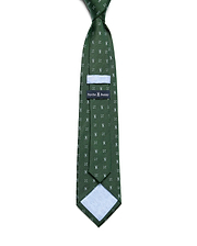 Mens Bunny Neat Woven Tie, a dark green woven tie featuring an all-over white Psycho Bunny skull and crossbones pattern, with a light blue keeper loop and patterned lining.