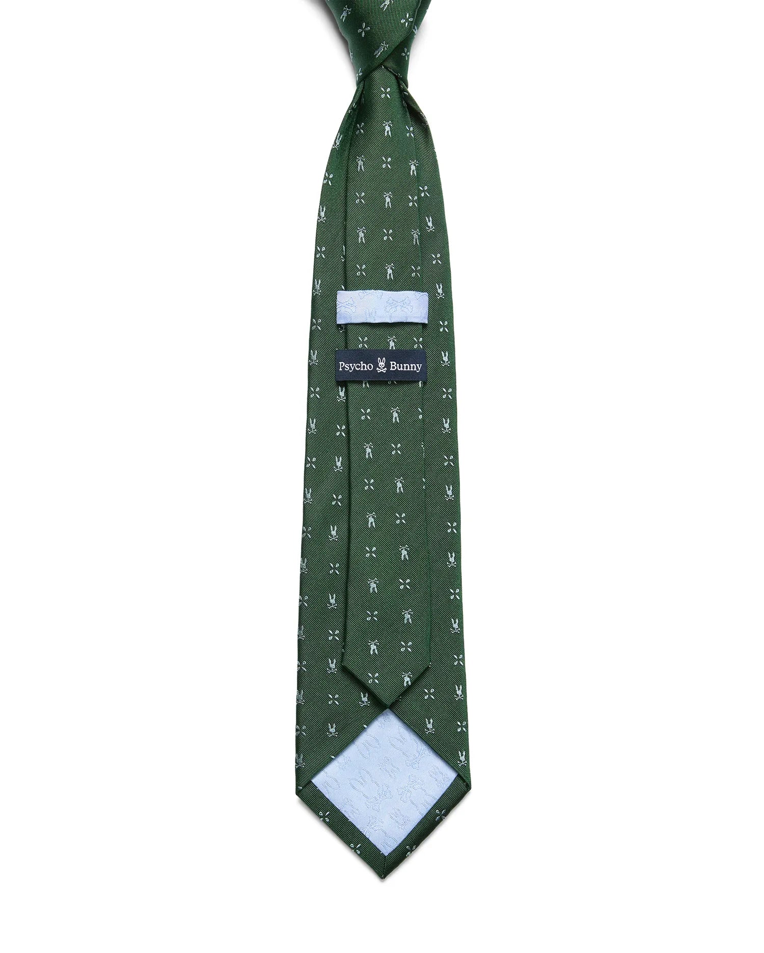 Mens Bunny Neat Woven Tie, a dark green woven tie featuring an all-over white Psycho Bunny skull and crossbones pattern, with a light blue keeper loop and patterned lining.