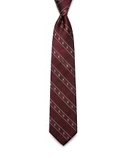 Mens Bunny Stripe Woven Tie in rich burgundy, featuring diagonal tan stripes and an all-over pattern of small, light blue Psycho Bunny skull logos with a refined woven texture.