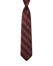 Mens Bunny Stripe Woven Tie in rich burgundy, featuring diagonal tan stripes and an all-over pattern of small, light blue Psycho Bunny skull logos with a refined woven texture.