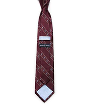 Mens Bunny Stripe Woven Tie in burgundy with diagonal gold stripes and a repeating light blue Psycho Bunny skull pattern. Woven texture, with a Psycho Bunny brand tag on the back.