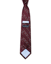 Mens Bunny Stripe Woven Tie in burgundy with diagonal gold stripes and a repeating light blue Psycho Bunny skull pattern. Woven texture, with a Psycho Bunny brand tag on the back.