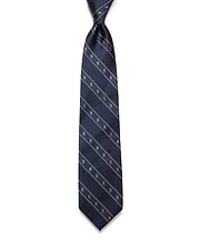 MENS BUNNY STRIPE WOVEN TIE in navy blue, featuring diagonal tan stripes and repeating small light blue Psycho Bunny skull logos in a refined woven texture.