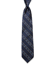 MENS BUNNY STRIPE WOVEN TIE in navy blue, featuring diagonal tan stripes and repeating small light blue Psycho Bunny skull logos in a refined woven texture.