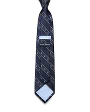 Mens Bunny Stripe Woven Tie, navy with diagonal gold stripes and repeating light blue Psycho Bunny skull logos. Woven texture, Psycho Bunny logo on keeper, embossed skulls on light blue lining.