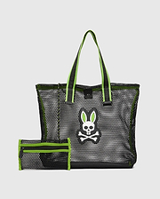 Black Mesh Tote Bag with vibrant neon green trim, featuring a prominent rubberized Psycho Bunny skull logo on the front and branded straps, paired with a matching zippered mesh pouch.
