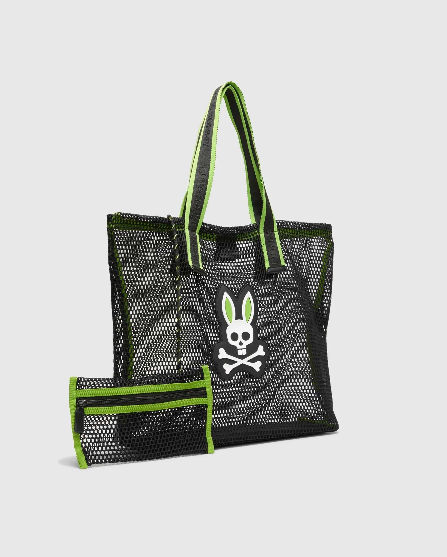 Black Mesh Tote Bag with vibrant neon green trim, a prominent white and green Psycho Bunny skull logo, branded straps, and a matching zippered mesh pouch.