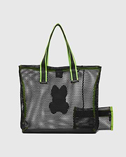 Black Mesh Tote Bag with neon green trim, straps featuring Psycho Bunny text, a large black skull logo, and a matching small mesh pouch.