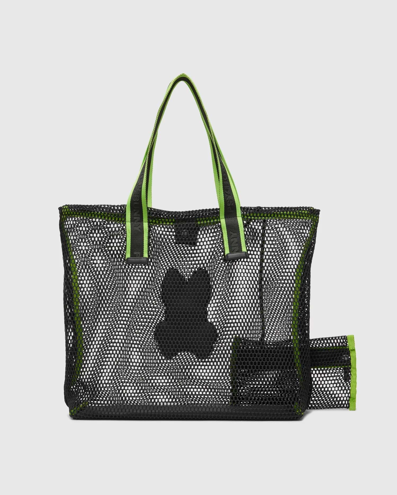 Black Mesh Tote Bag with neon green trim, straps featuring Psycho Bunny text, a large black skull logo, and a matching small mesh pouch.