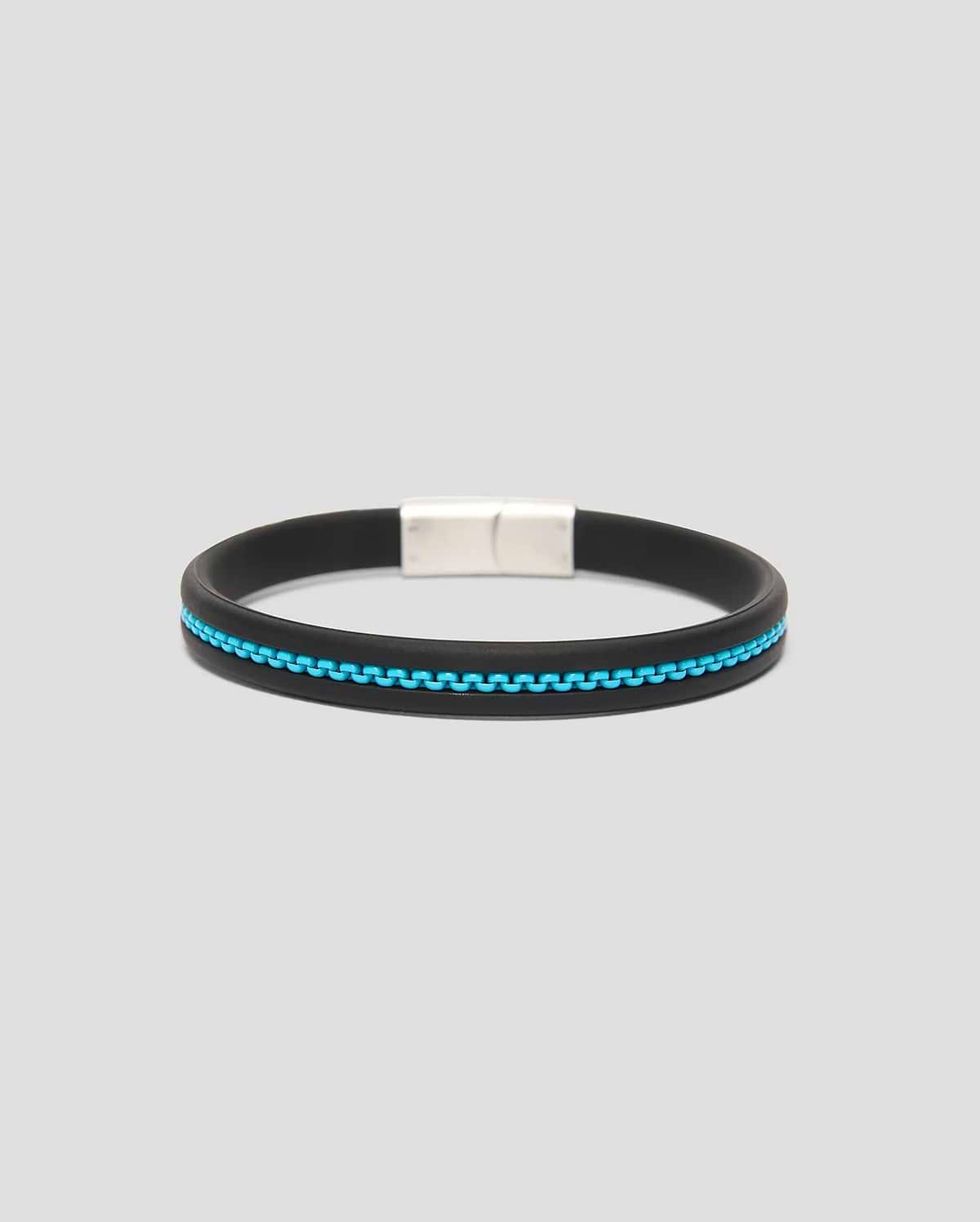 Mens Link Rubber Bracelet featuring a smooth black rubber band with a bright blue chain-link inlay and a sleek silver-tone magnetic clasp.