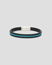 Mens Link Rubber Bracelet featuring a smooth black rubber band with a bright blue chain-link inlay and a sleek silver-tone magnetic clasp.