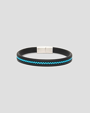 Mens Link Rubber Bracelet featuring a smooth black rubber band with a bright blue chain-link inlay and a sleek silver-tone magnetic clasp.
