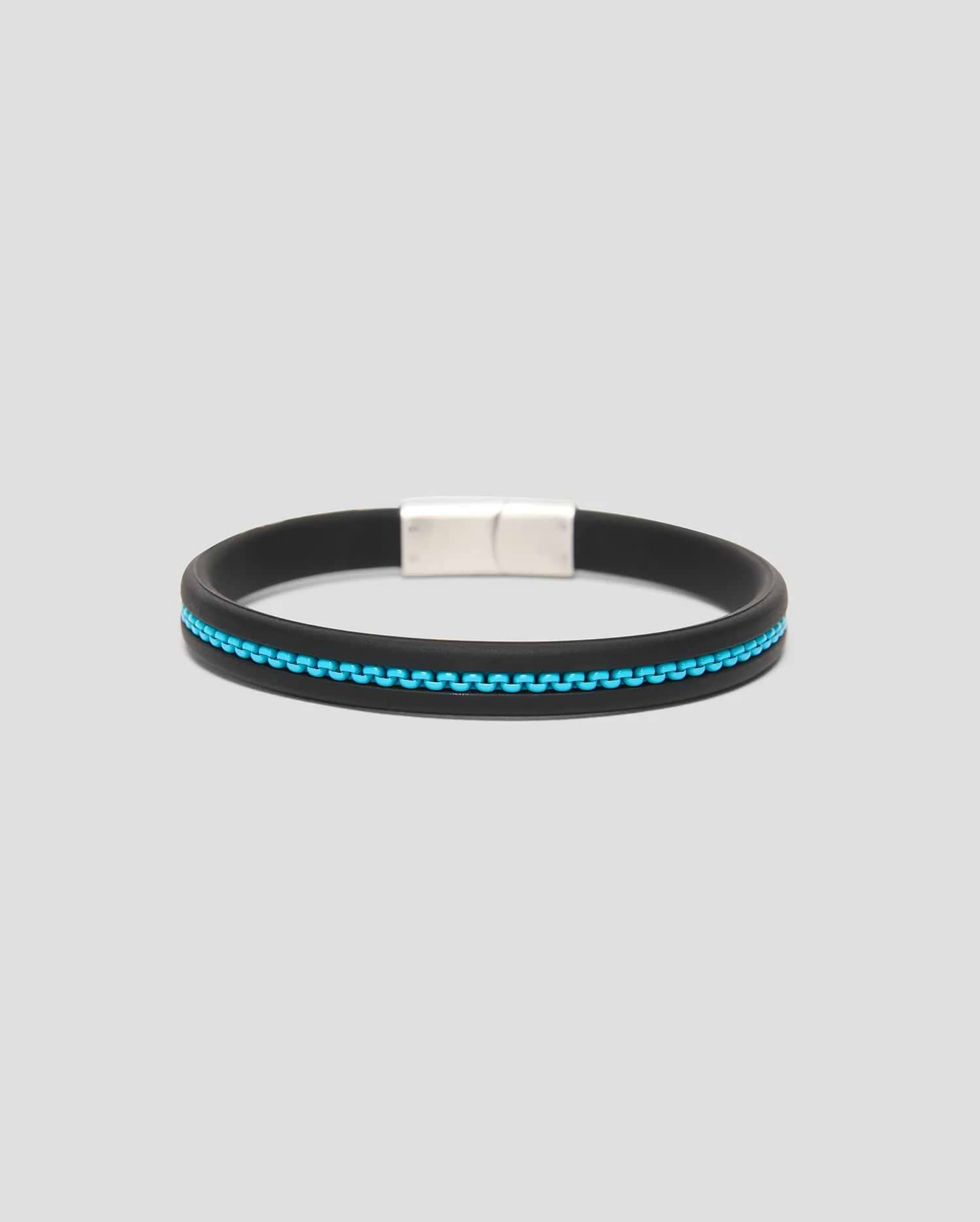 Mens Link Rubber Bracelet featuring a smooth black rubber band with a bright blue chain-link inlay and a sleek silver-tone magnetic clasp.