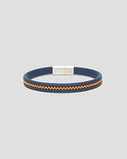Mens Link Rubber Bracelet, a sleek navy blue rubber band featuring a vibrant orange zipper-like textured stripe and a polished silver rectangular magnetic clasp.