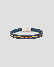 Mens Link Rubber Bracelet, a sleek navy blue rubber band featuring a vibrant orange zipper-like textured stripe and a polished silver rectangular magnetic clasp.
