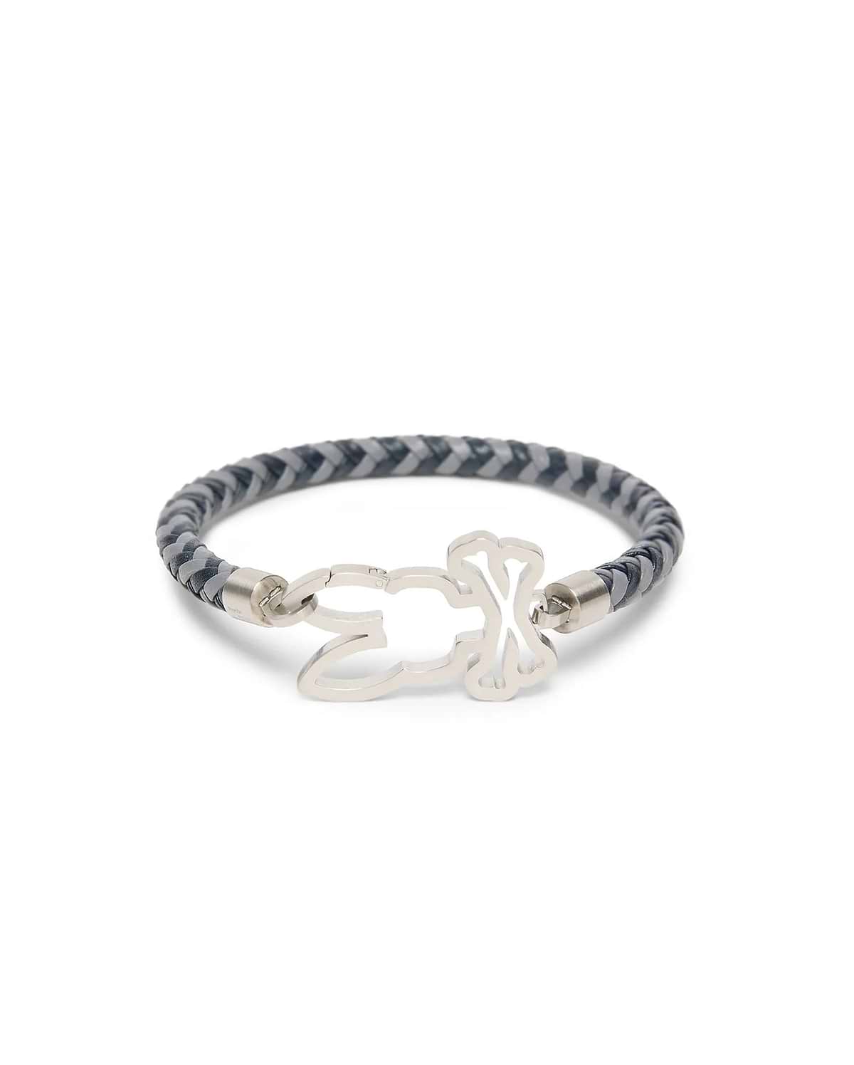 Mens Braided Pattern Leather Bracelet featuring a dark grey and light grey braided leather band with a prominent silver-tone Psycho Bunny skull logo clasp.