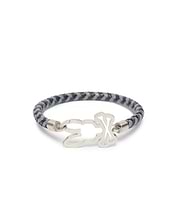 Mens Braided Pattern Leather Bracelet featuring a dark grey and light grey braided leather band with a prominent silver-tone Psycho Bunny skull logo clasp.