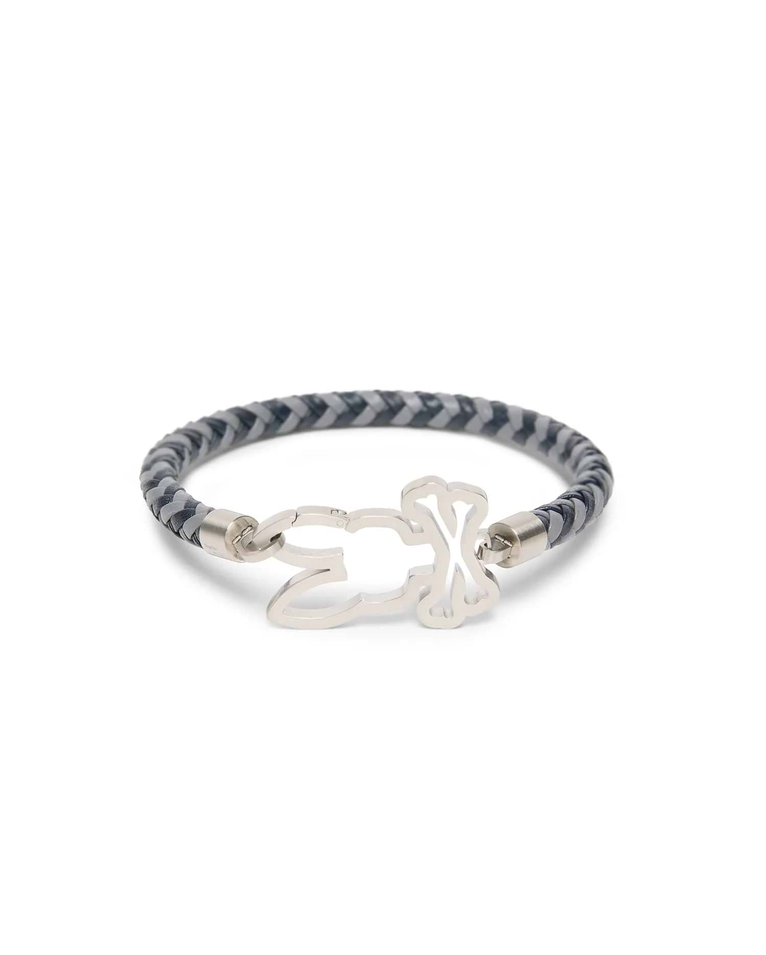 Mens Braided Pattern Leather Bracelet featuring a dark grey and light grey braided leather band with a prominent silver-tone Psycho Bunny skull logo clasp.