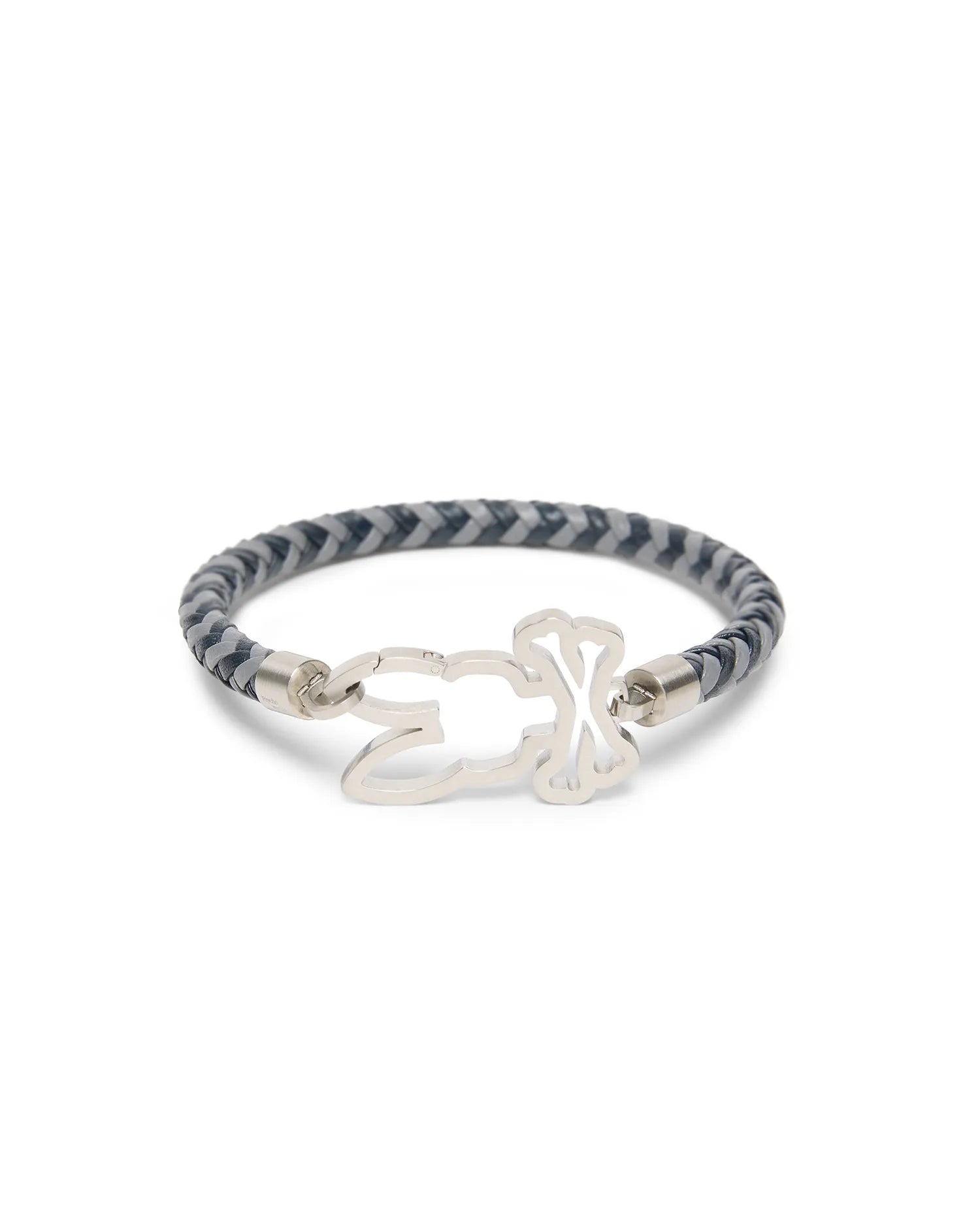 Mens Braided Pattern Leather Bracelet featuring a dark grey and light grey braided leather band with a prominent silver-tone Psycho Bunny skull logo clasp.