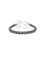 Mens Braided Pattern Leather Bracelet featuring a dark and light grey braided leather band with a prominent silver-toned Psycho Bunny skull logo at the center.