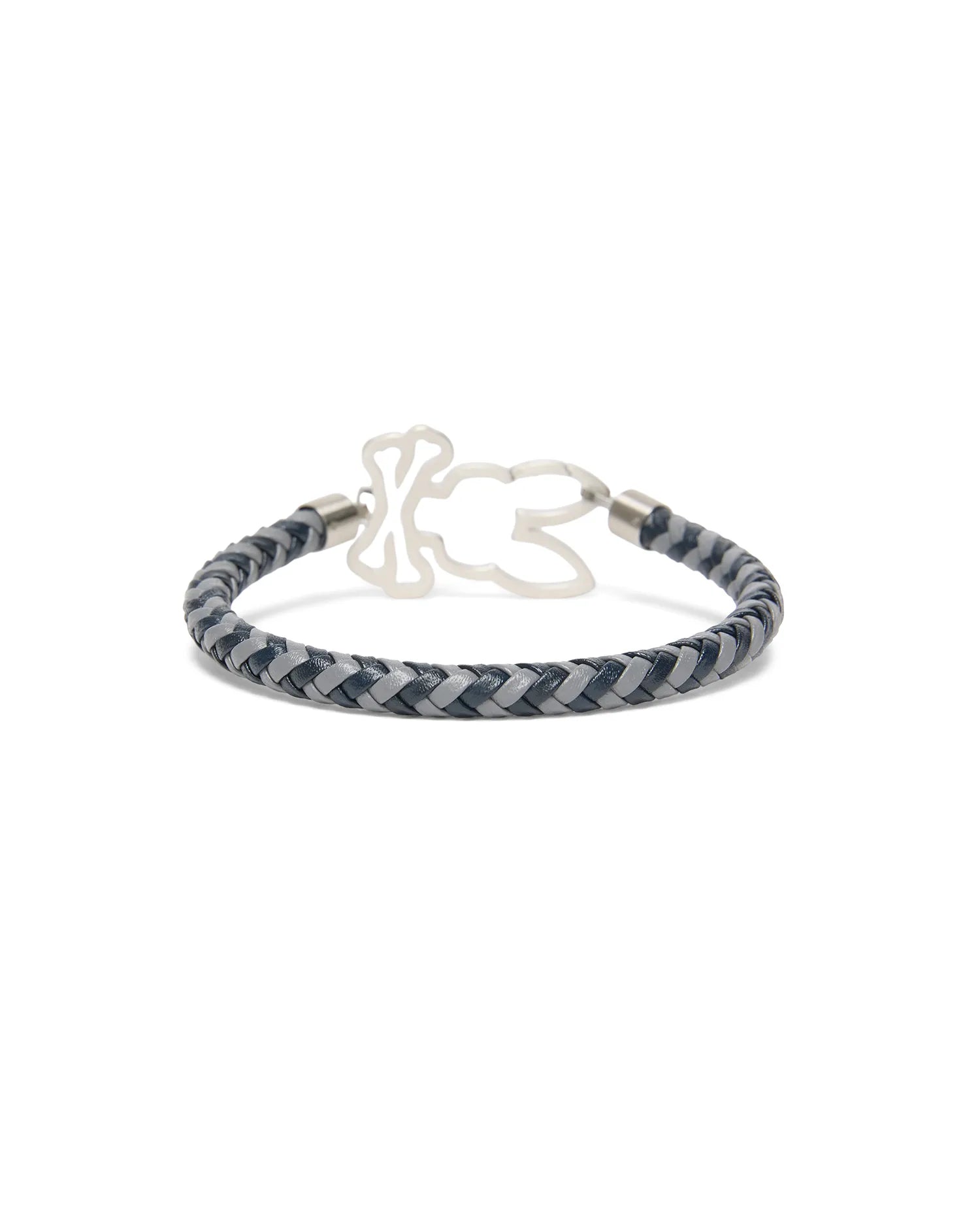 Mens Braided Pattern Leather Bracelet featuring a dark and light grey braided leather band with a prominent silver-toned Psycho Bunny skull logo at the center.