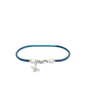 Mens Snake Chain Bracelet featuring a vibrant metallic blue snake chain, silver-tone lobster clasp, and a small dangling silver Psycho Bunny skull logo charm.