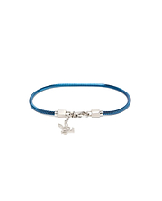 Mens Snake Chain Bracelet featuring a vibrant metallic blue snake chain, silver-tone lobster clasp, and a small dangling silver Psycho Bunny skull logo charm.