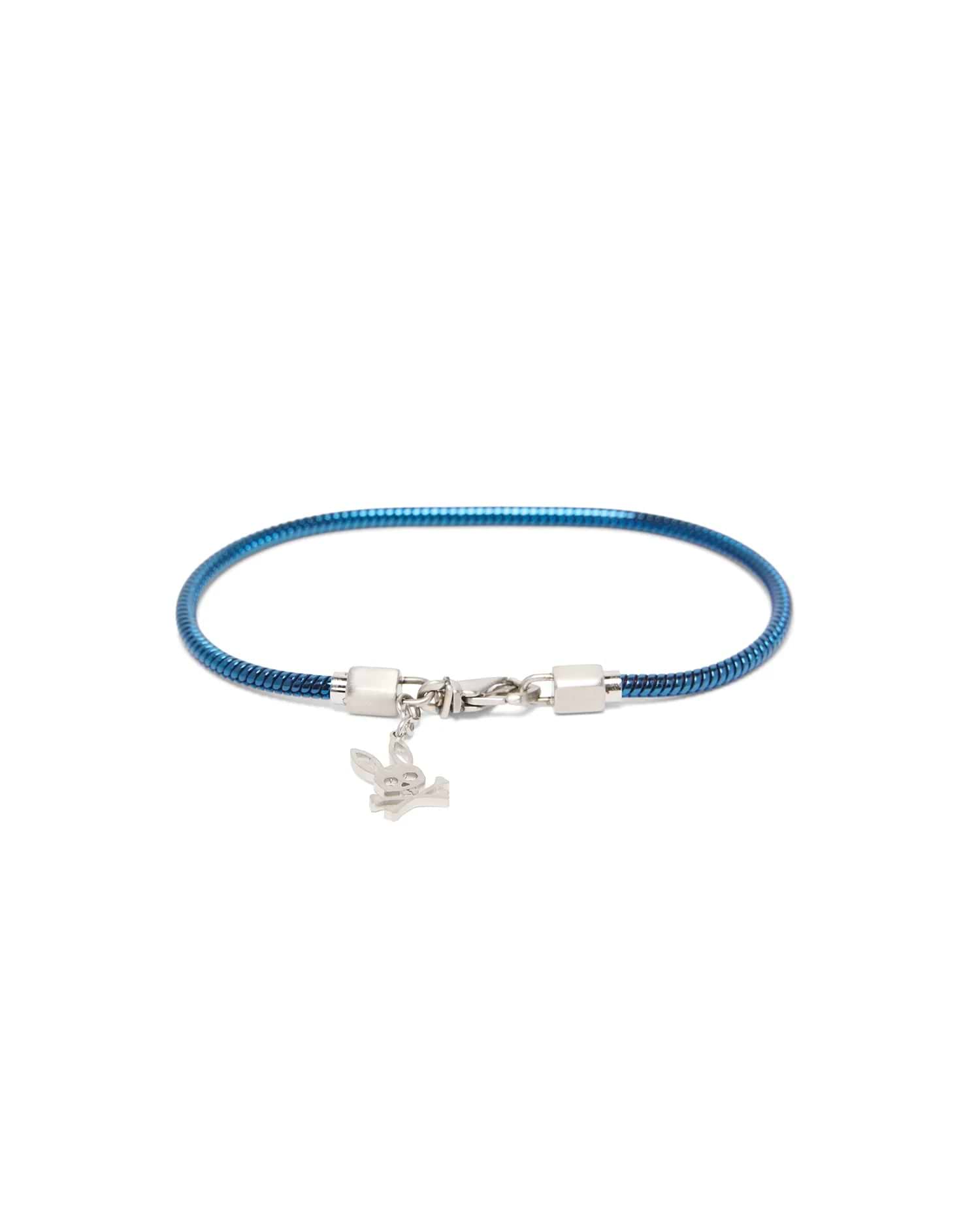 Mens Snake Chain Bracelet featuring a vibrant metallic blue snake chain, silver-tone lobster clasp, and a small dangling silver Psycho Bunny skull logo charm.