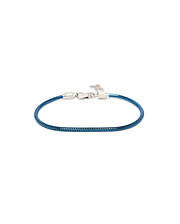 Mens Snake Chain Bracelet, a vibrant iridescent blue metallic snake chain with polished silver end caps, a secure lobster clasp, and a subtle Psycho Bunny skull charm.