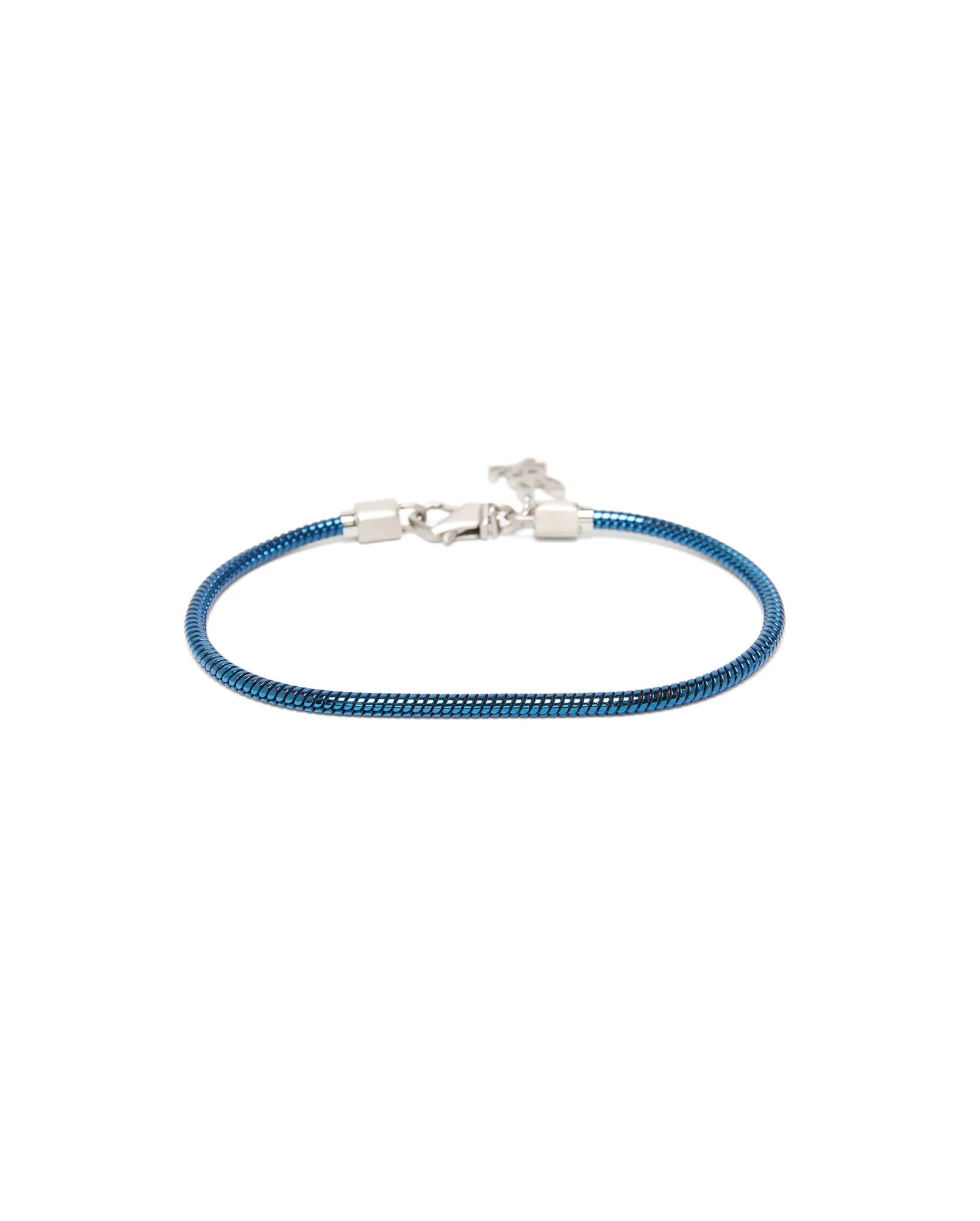 Mens Snake Chain Bracelet, a vibrant iridescent blue metallic snake chain with polished silver end caps, a secure lobster clasp, and a subtle Psycho Bunny skull charm.