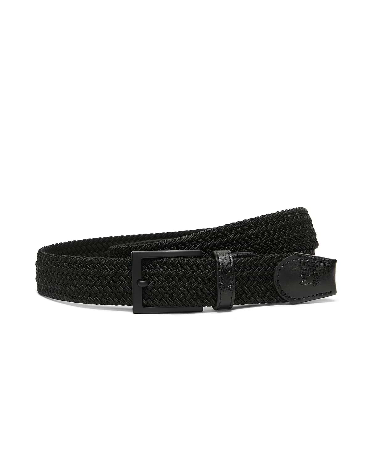Men's Stretch Braided Belt in black, featuring a braided stretch texture, matte black buckle, and embossed Psycho Bunny skull logos on the leather keeper and end tab. (1)