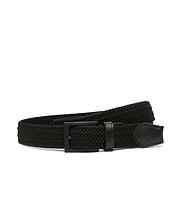 Men's Stretch Braided Belt in black, featuring a braided stretch texture, matte black buckle, and embossed Psycho Bunny skull logos on the leather keeper and end tab. (1)