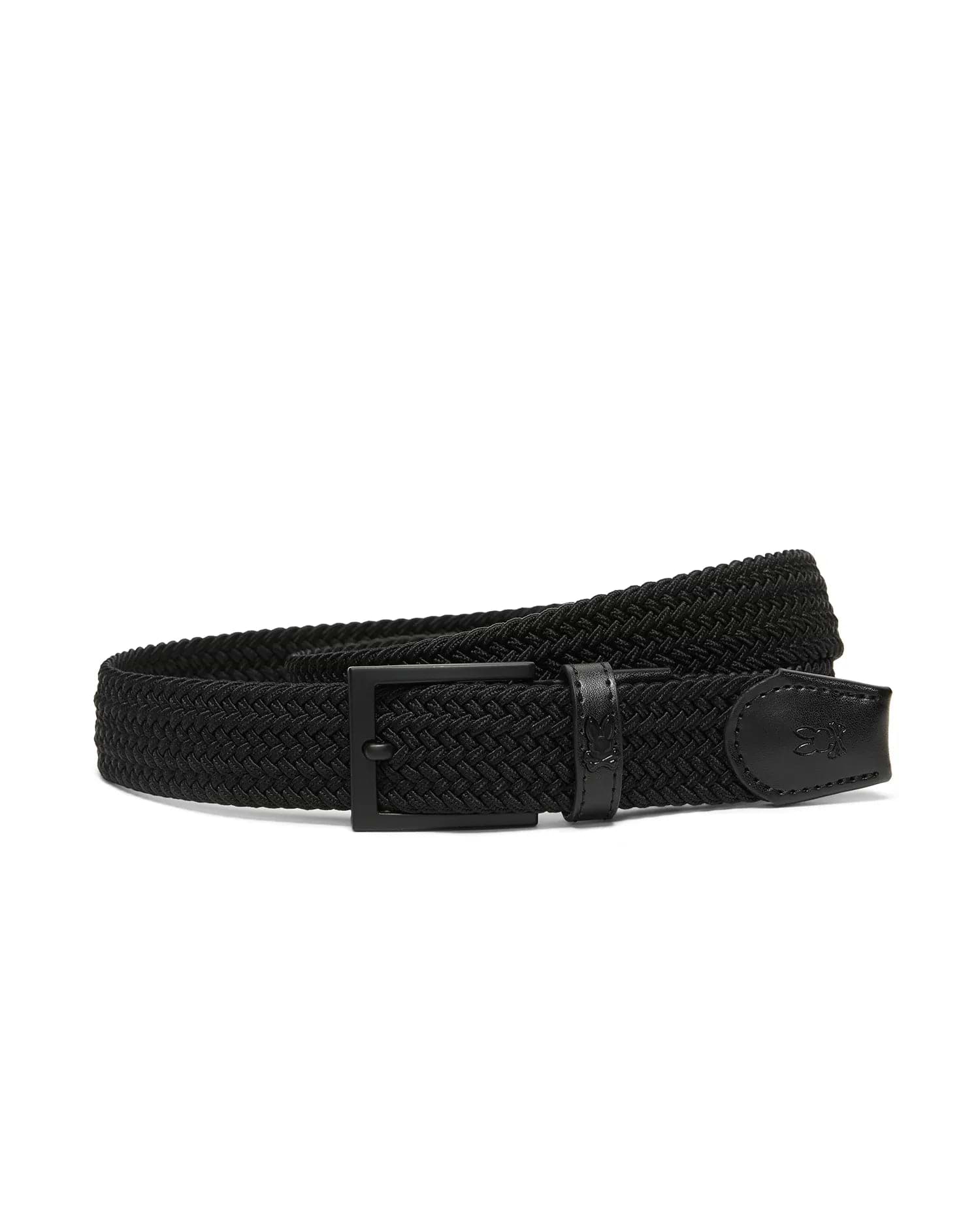 Men's Stretch Braided Belt in black, featuring a braided stretch texture, matte black buckle, and embossed Psycho Bunny skull logos on the leather keeper and end tab. (1)