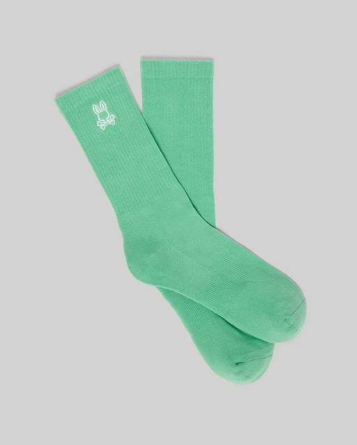 Premium mint green ribbed knit crew socks featuring a small, crisp white embroidered Psycho Bunny skull logo on the outer ankle cuff. Mens New Classic Sport Sock. (1)