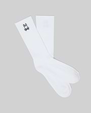 Premium white Mens New Classic Sport Sock featuring a comfortable ribbed cuff and a finely embroidered black Psycho Bunny skull logo prominently placed on the outer ankle. (1)
