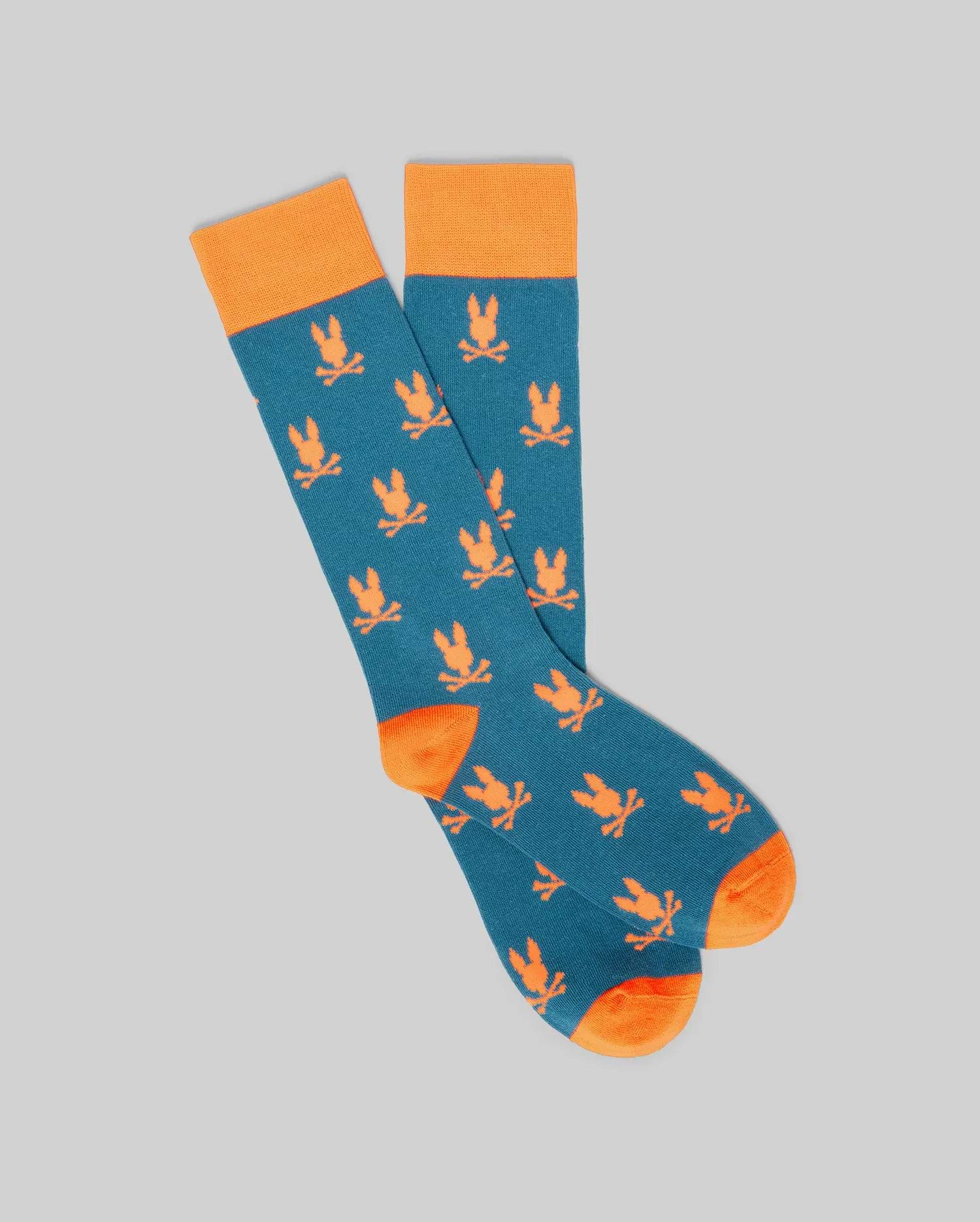 orange and blue dress socks Men's All Over Bunny Sock in MIKUTA | The Black in arch support ensures Bark Color:Eli Blue w Navy Border SingleDress