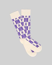 Mens All Over Square Bunny Dress Sock in cream with a purple checkerboard pattern featuring alternating Psycho Bunny skull logos, carrots, and bunny silhouettes.