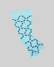 Mens Bunny Dress Sock in vibrant aqua blue, featuring a refined smooth knit and an all-over repeating dark blue Psycho Bunny skull logo pattern. (1)