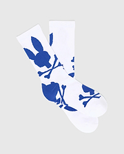 Mens Big Bunny Sport Sock, white breathable knit crew socks featuring a bold, all-over repeating royal blue Psycho Bunny skull logo pattern for a distinctive streetwear look.