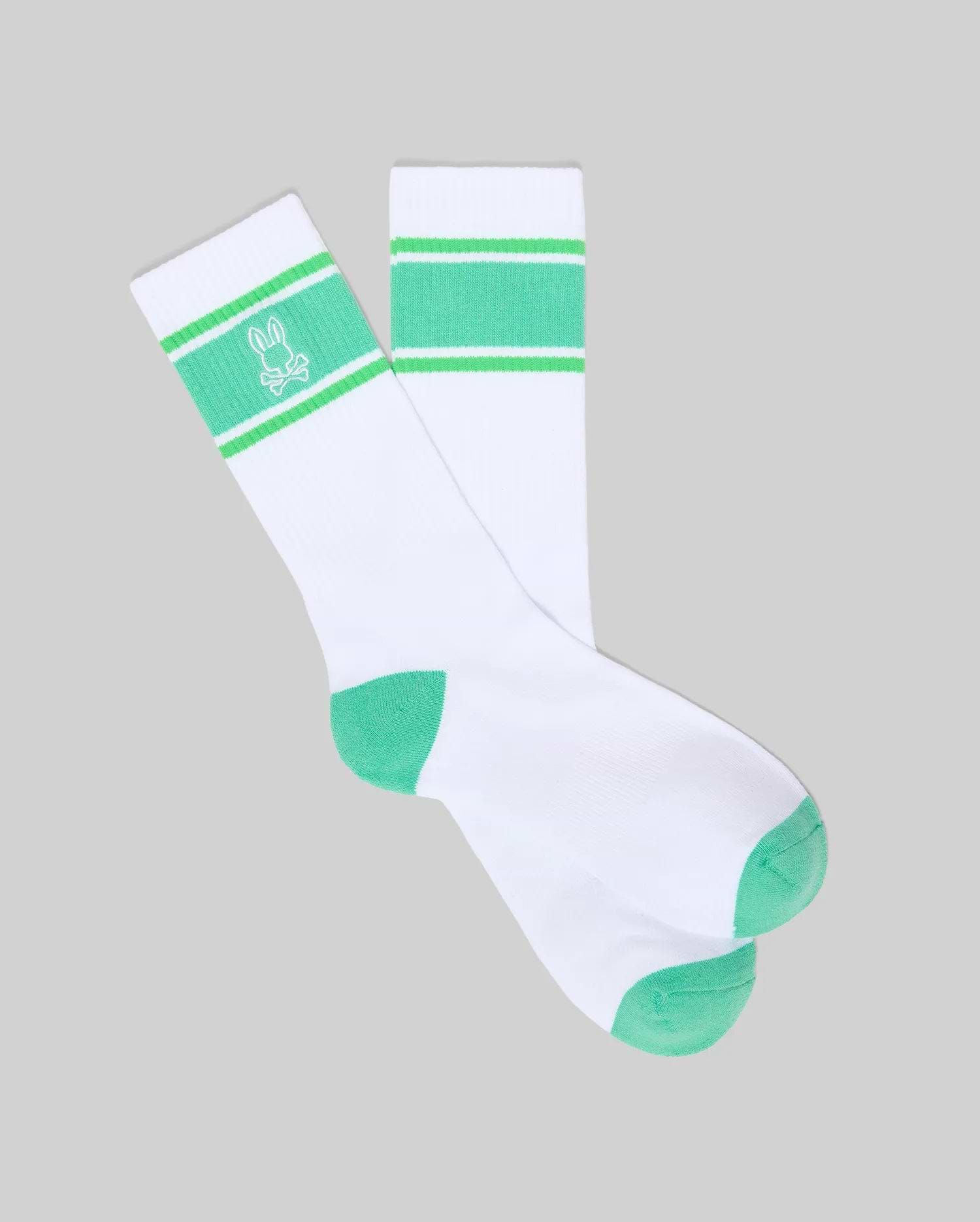 Mens Striped Sport Sock in white knit, featuring a vibrant green striped cuff with an embroidered white Psycho Bunny skull logo, and green heel and toe accents. (1)
