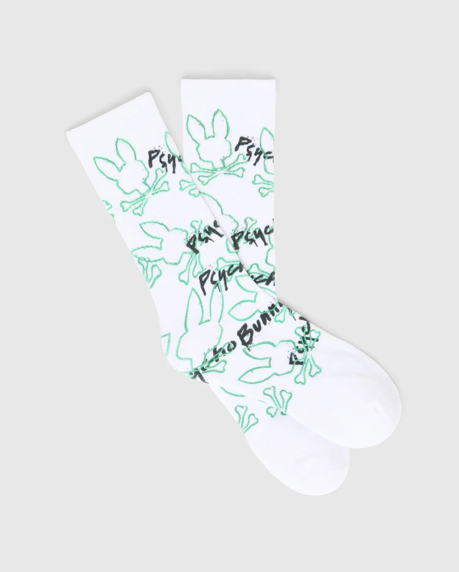 White Mens Duncan Spray Sport Sock featuring an all-over neon green outline print of the iconic Psycho Bunny skull logo and black graffiti-style Psycho Bunny text on smooth knit fabric.
