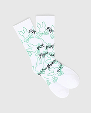 White Mens Duncan Spray Sport Sock featuring an all-over neon green outline print of the iconic Psycho Bunny skull logo and black graffiti-style Psycho Bunny text on smooth knit fabric.