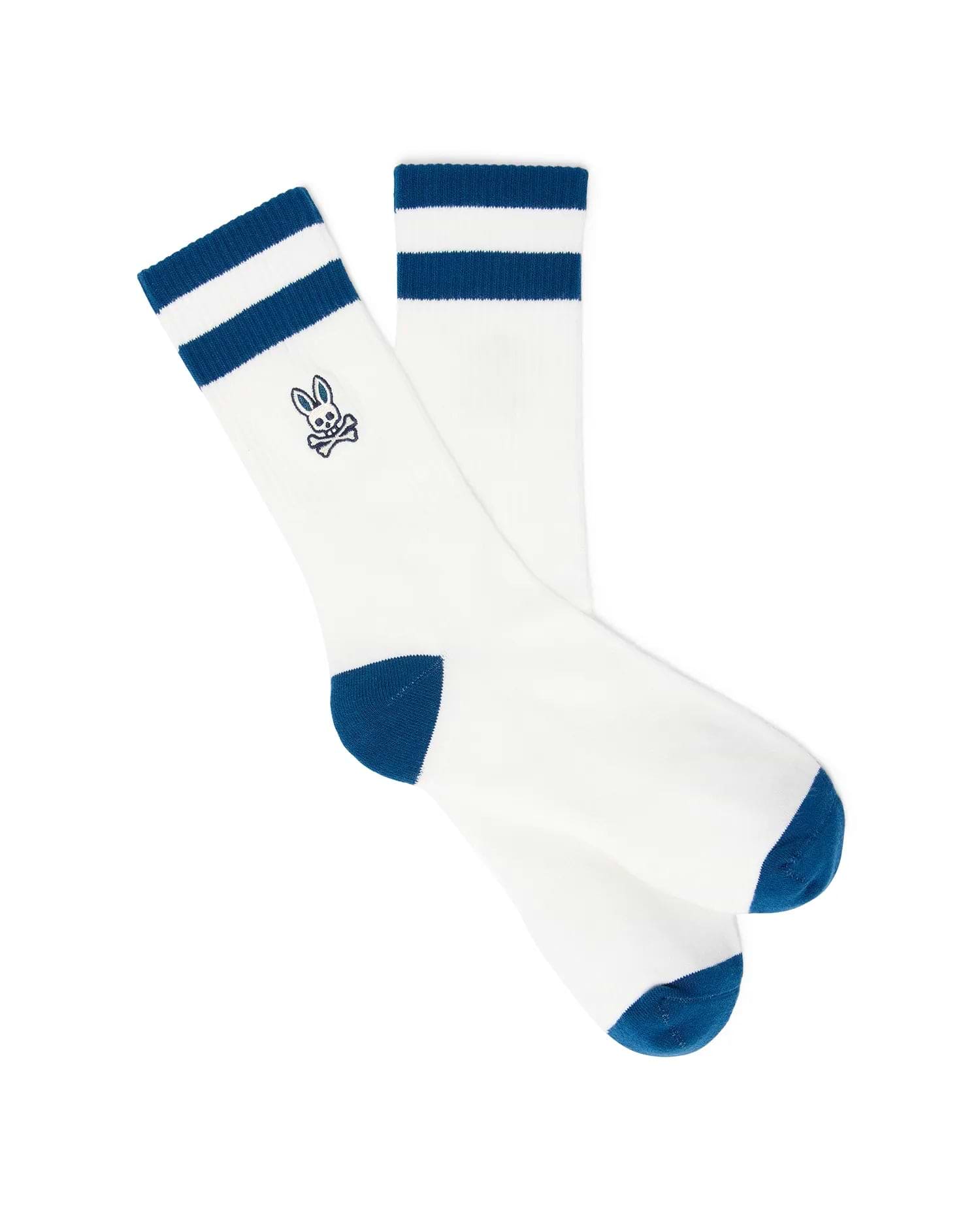 White Mens Pal Sport Sock with two blue stripes on the ribbed cuff, blue heel and toe, featuring a small embroidered Psycho Bunny skull logo on the side.